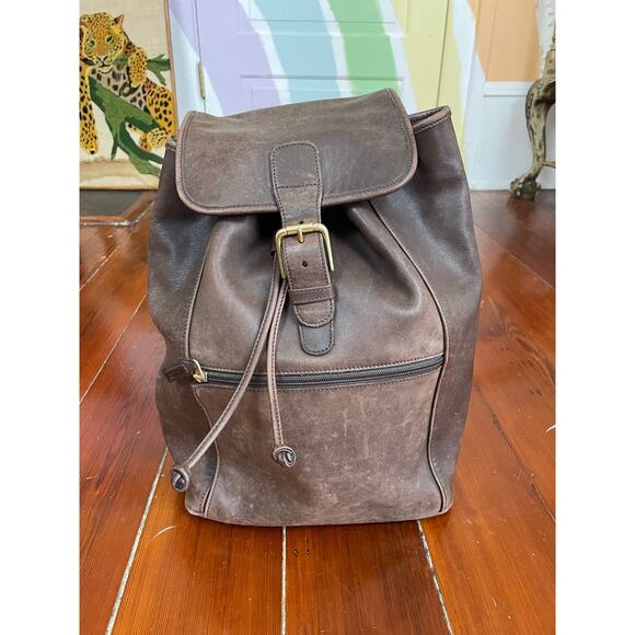 Vintage Coach Brown Leather Drawstring Backpack Brass Hardware